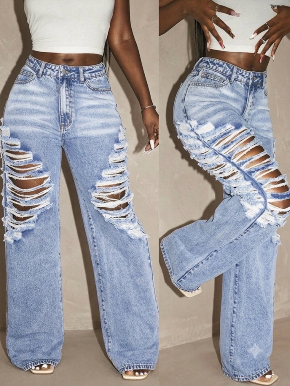 Distressed High-Waist Wide Leg Jeans – Light Wash Cutout Denim